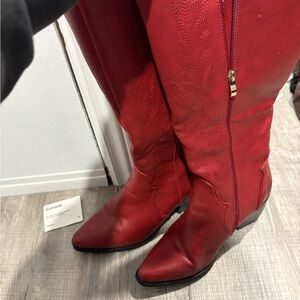 Amazon Red Knee-High Western Heeled Boots